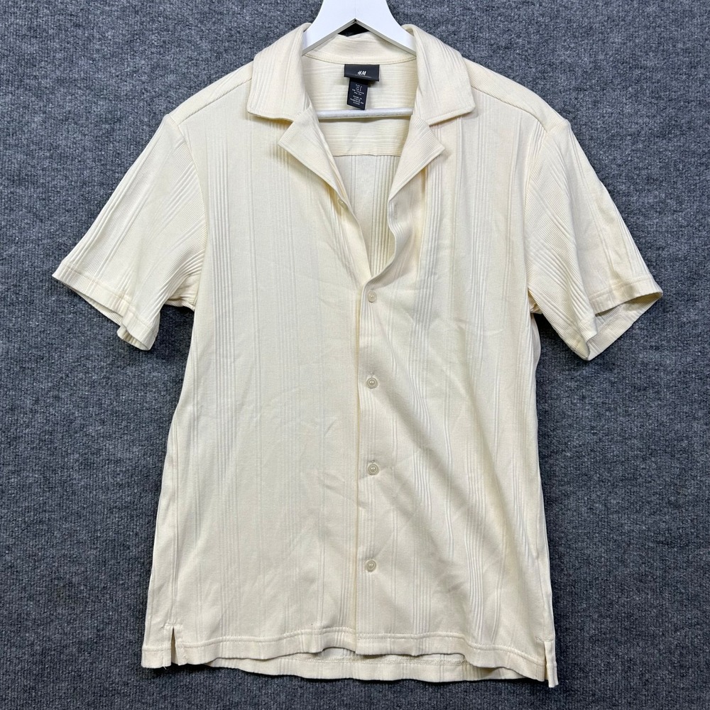 H&M Ribbed Resort Shirt Men's Cream Regular Fit Casual Camp Button Up - Small